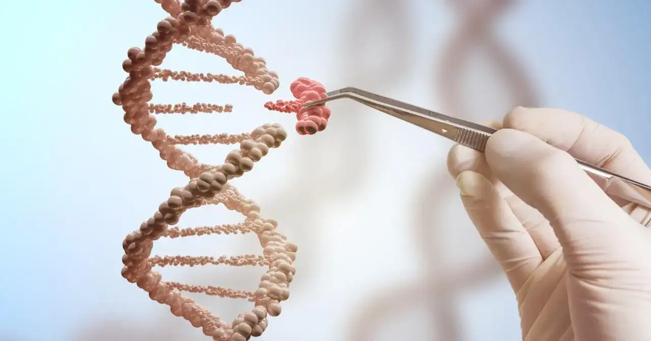 Ręka w rękawiczce trzyma pęsetą fragment DNA, jakby tworząc jego klon.