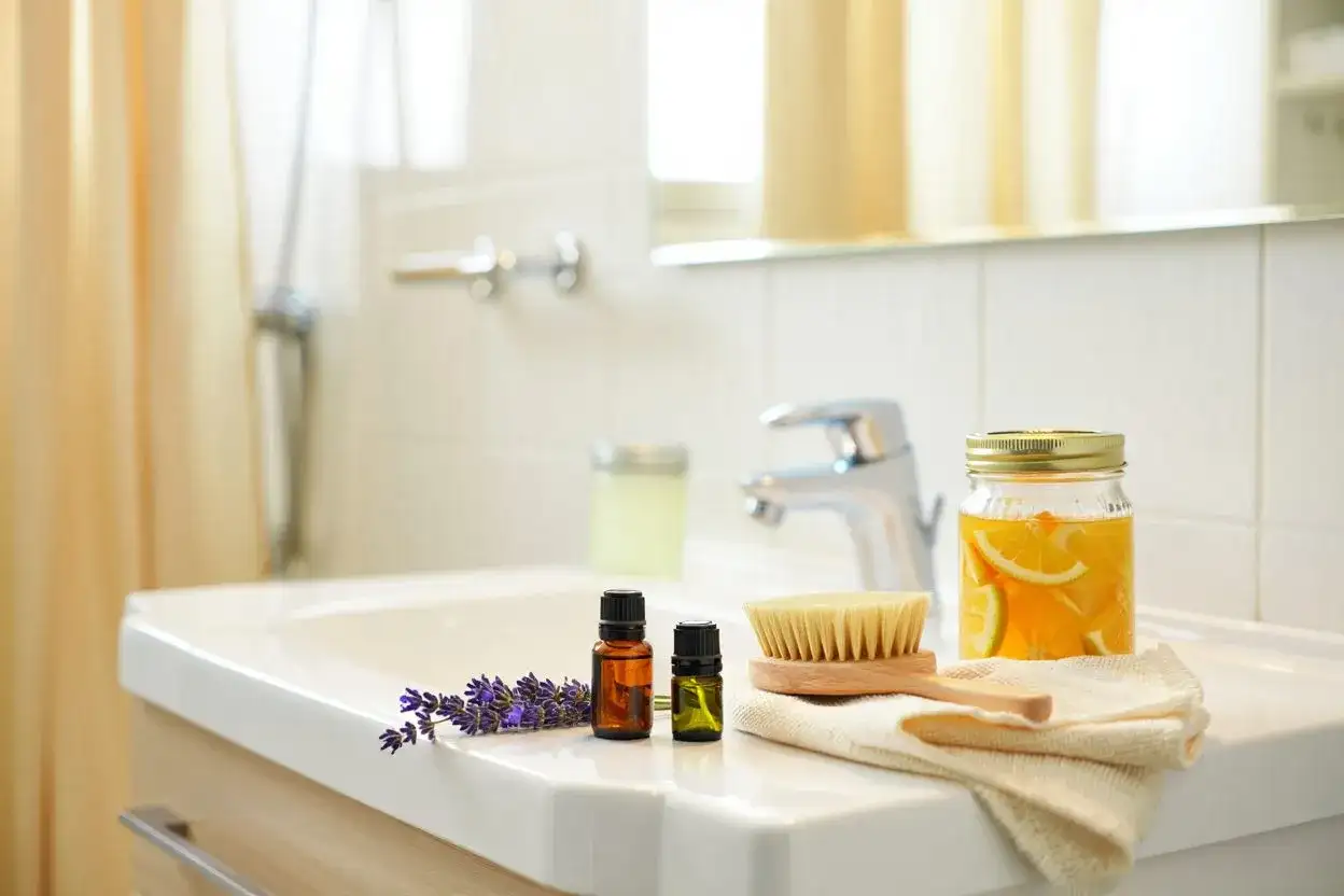 Lavanda, oli essenziali, spazzola e arance in barattolo sul lavandino. Un bagno pulito e profumato, non un bagno sporco.