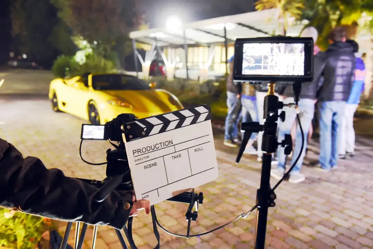 Na planie filmowym, gdzie kręcono scenę z żółtym sportowym autem, klaps filmowy zapowiada, ile zarabiają statyści na planach filmów Patryka Vegi i innych hitów.