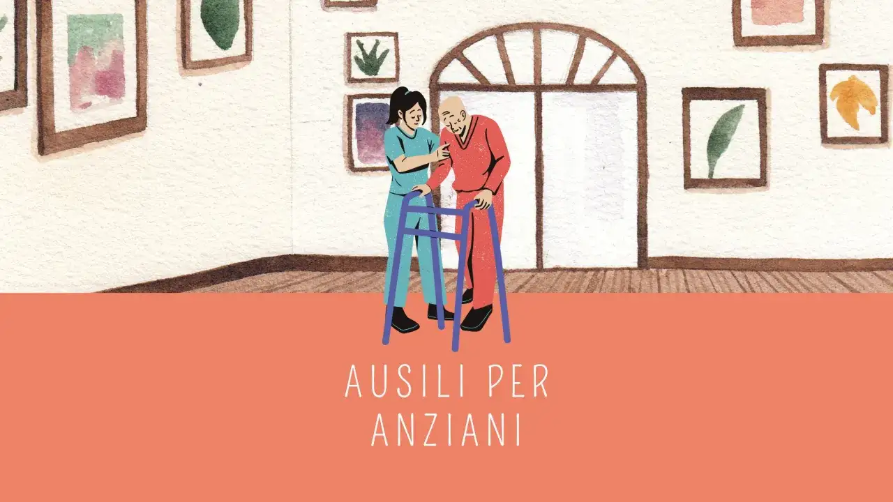 Assistente aiuta anziano con deambulatore. La domotica per anziani migliora la loro autonomia e sicurezza.
