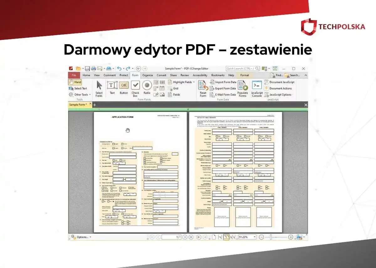 Darmowy edytor PDF w akcji, pokazujący interfejs programu z polami formularza do wypełnienia.