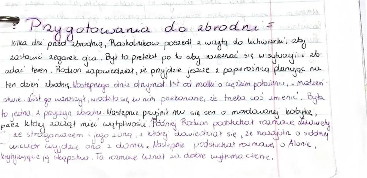 Ręcznie pisany tekst na kartce w kratkę, tytuł "Przygotowania do zbrodni".