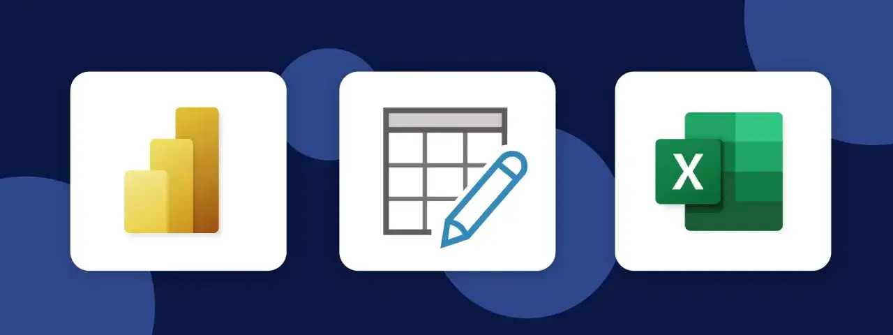 Ikony: wykres słupkowy, arkusz kalkulacyjny z ołówkiem i logo Excel. Narzędzia do analizy danych, w tym Power Query.