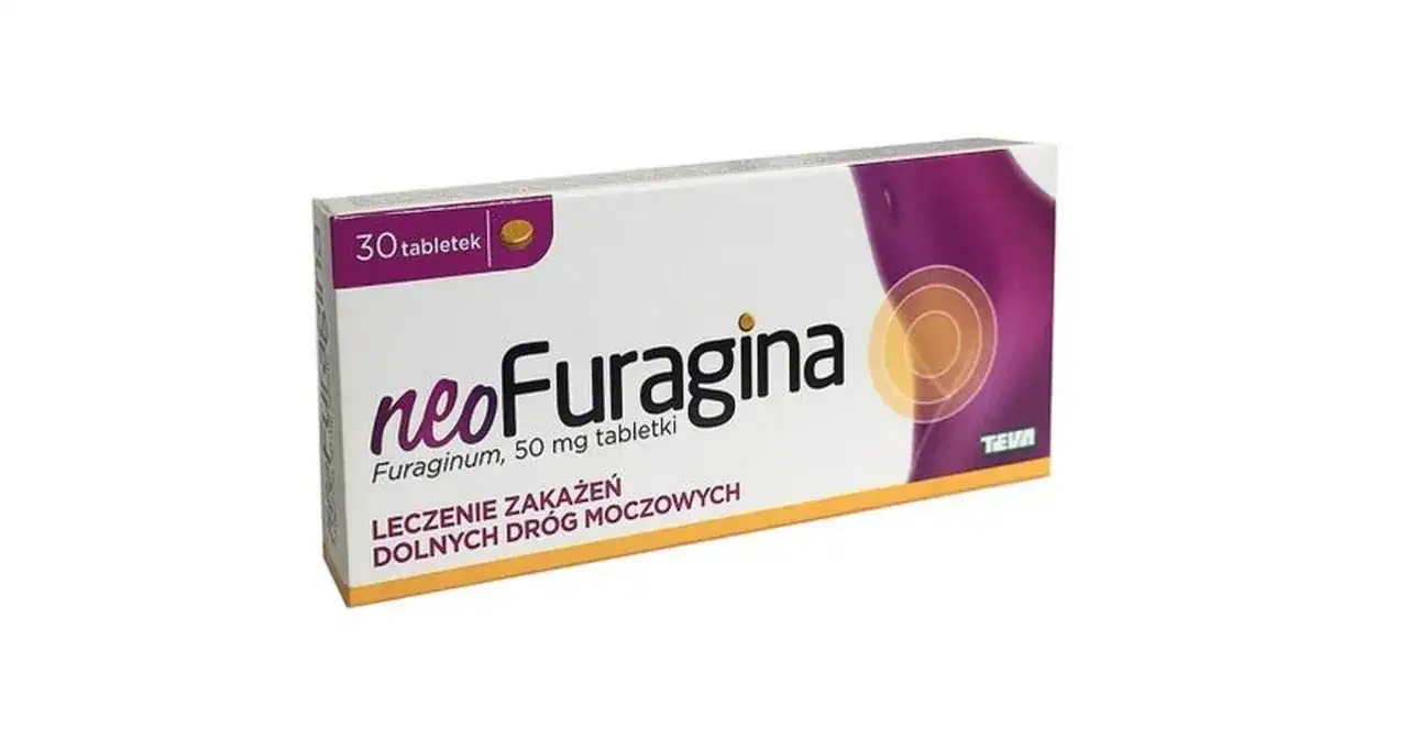 Opakowanie leku neofuragina max, zawierające 30 tabletek, stosowanego w leczeniu zakażeń dolnych dróg moczowych.