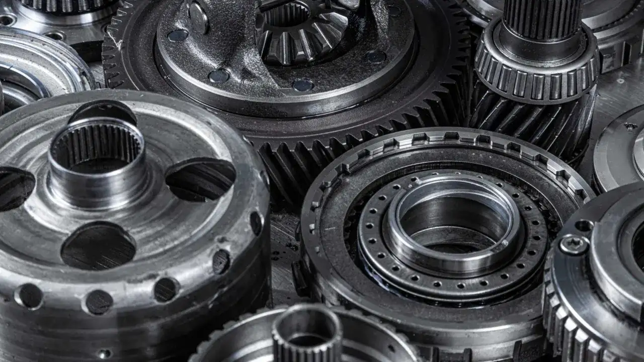 Metalowe części mechaniczne, w tym koła zębate i elementy dyferencjału torsen, tworzą skomplikowaną kompozycję.