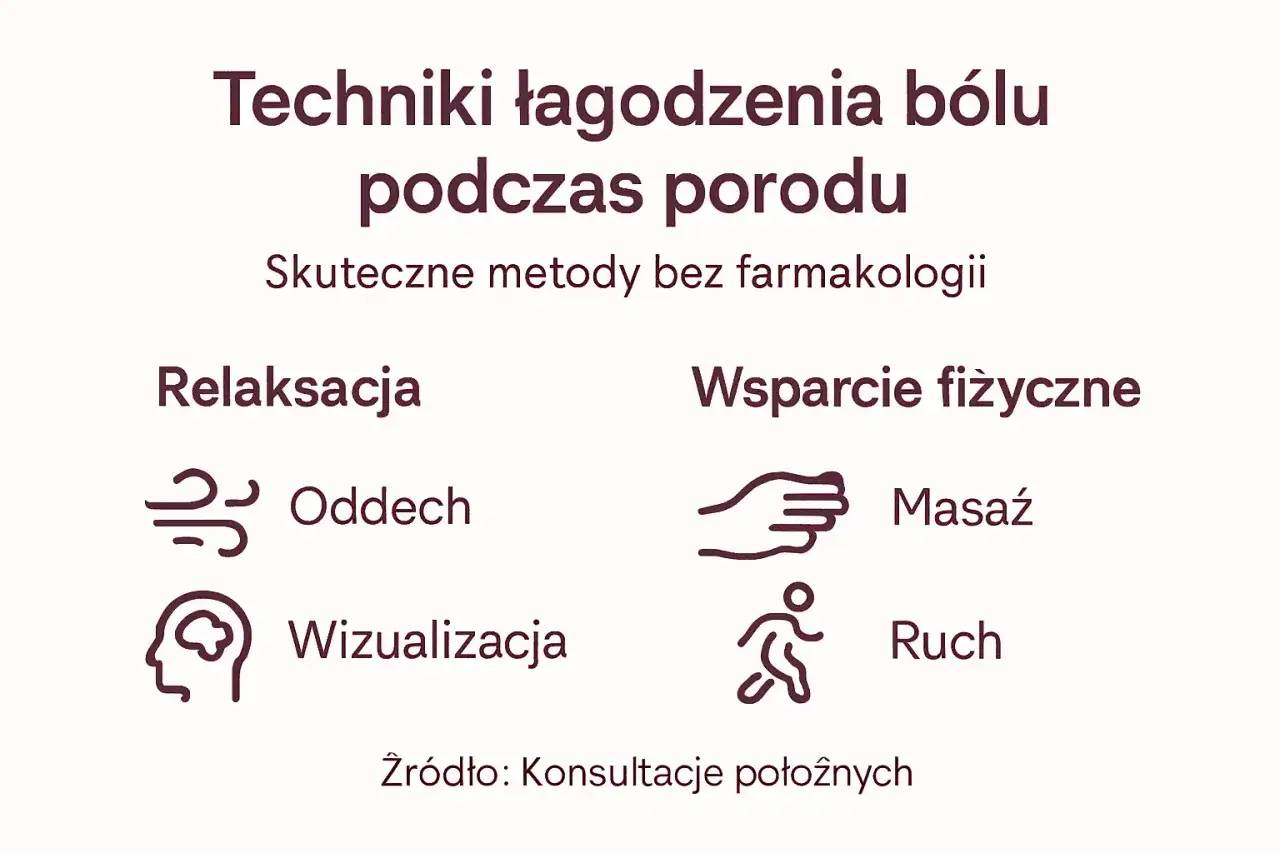 Techniki łagodzenia bólu podczas porodu: relaksacja (oddech, wizualizacja) i wsparcie fizyczne (masaż, ruch).
