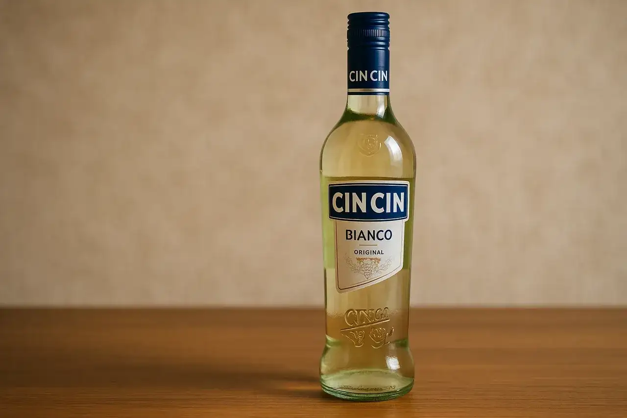 Butelka Cin Cin Bianco na drewnianym blacie. Idealna na toast "cin cin"!