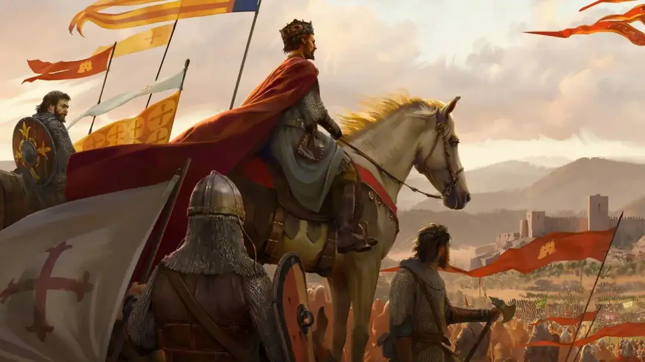 Król na białym koniu, w koronie i czerwonej pelerynie, prowadzi armię do bitwy. Flagi z krzyżami i zamkiem powiewają nad polem bitwy, zapowiadając epickie starcie w Total War: Medieval 3.