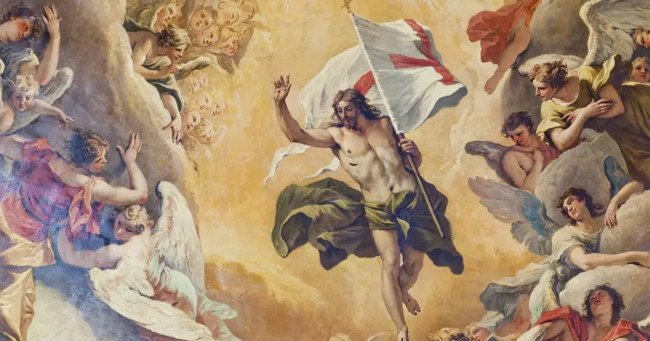 Jezus, wskrzeszony przez Jezusa, triumfalnie unosi sztandar z krzyżem, otoczony przez chóry aniołów.