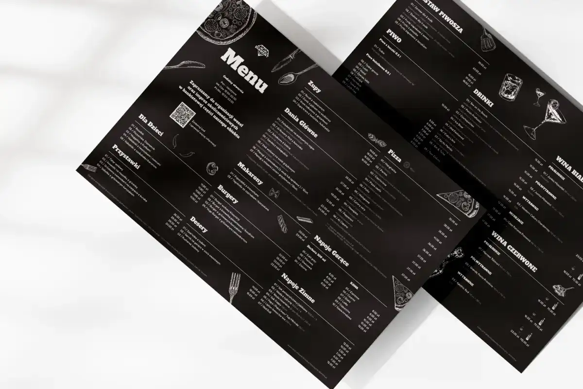 Menu z daniami a la carte, napojami i winami. Elegancki czarny design z białymi napisami i ilustracjami.