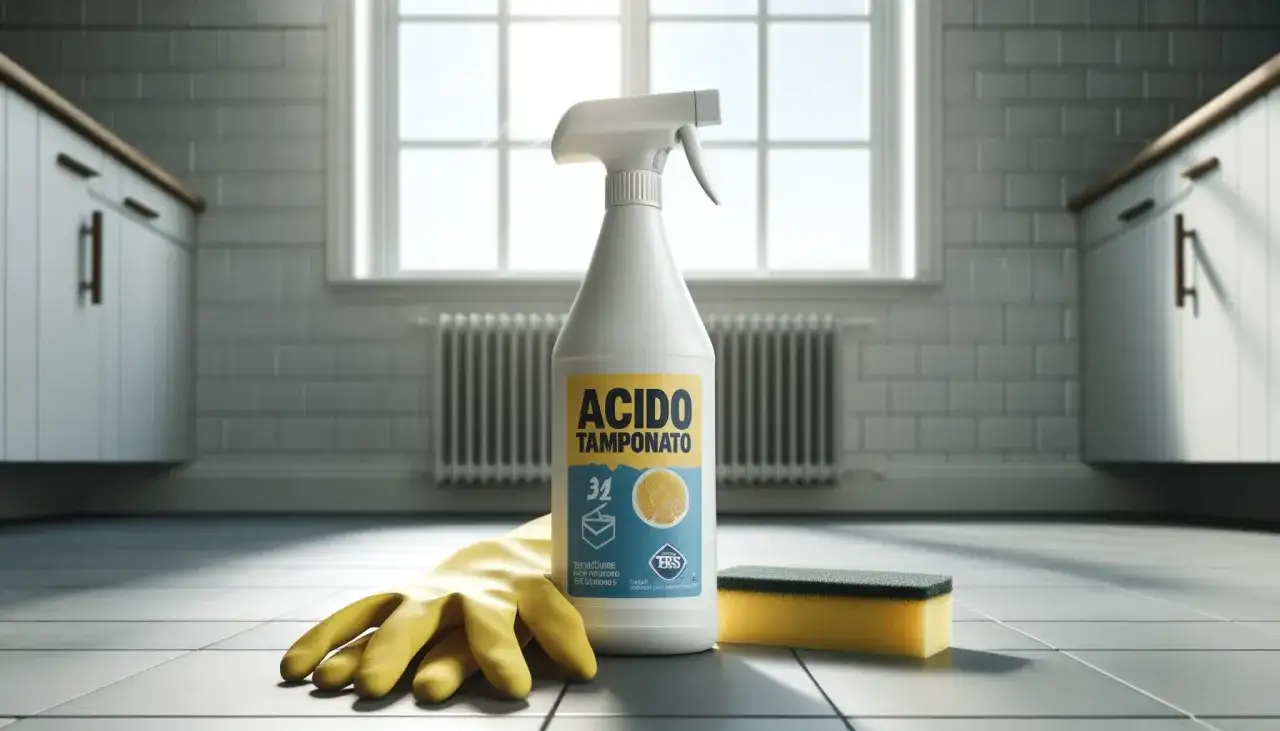 Flacone di acido tamponato per wc, guanti gialli e spugna su un pavimento piastrellato.