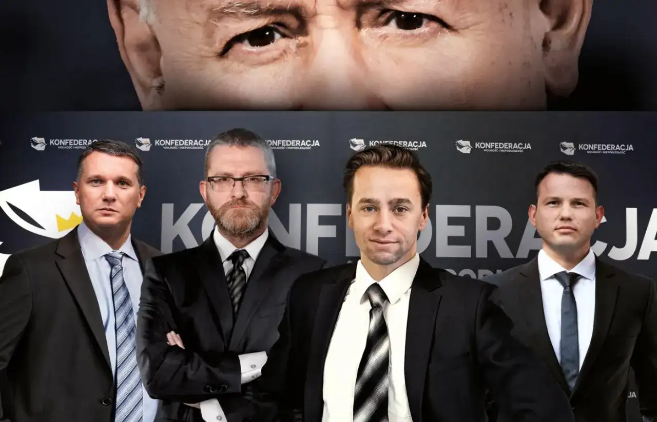 Konfederacja liderzy w garniturach, z poważnymi minami, na tle logo partii.