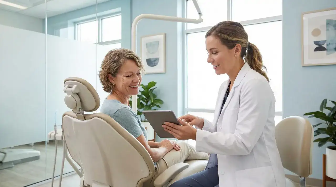 Dentystka w białym fartuchu pokazuje pacjentce tablet w gabinecie stomatologicznym.