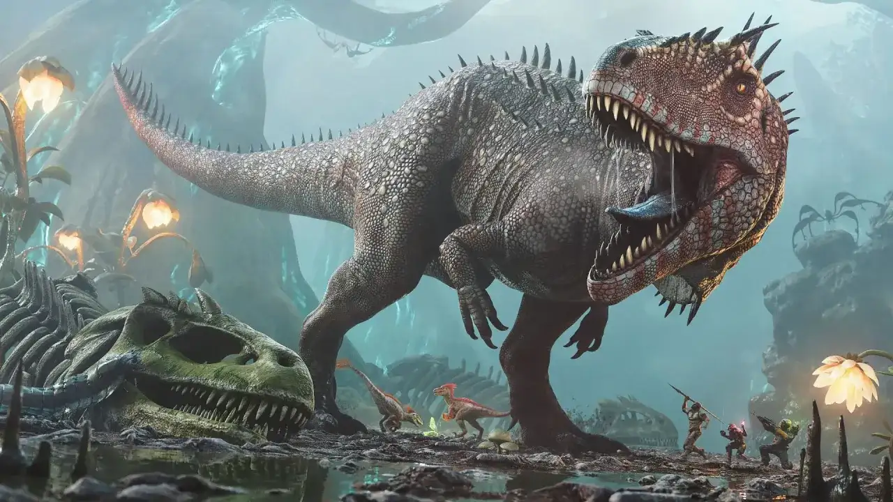 Potężny ark carcharodontosaurus z otwartą paszczą, obok szkieletu dinozaura i walczących ludzi.