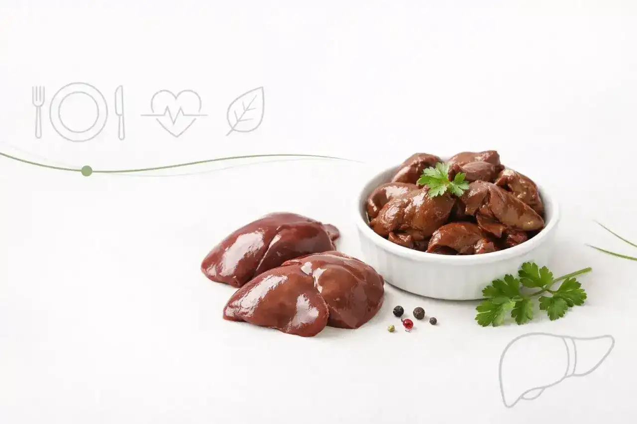 Surowe i gotowe wątróbki drobiowe, symbolizujące zdrowie. Czy wątróbka drobiowa jest zdrowa? Tak, to bogactwo witamin i minerałów.