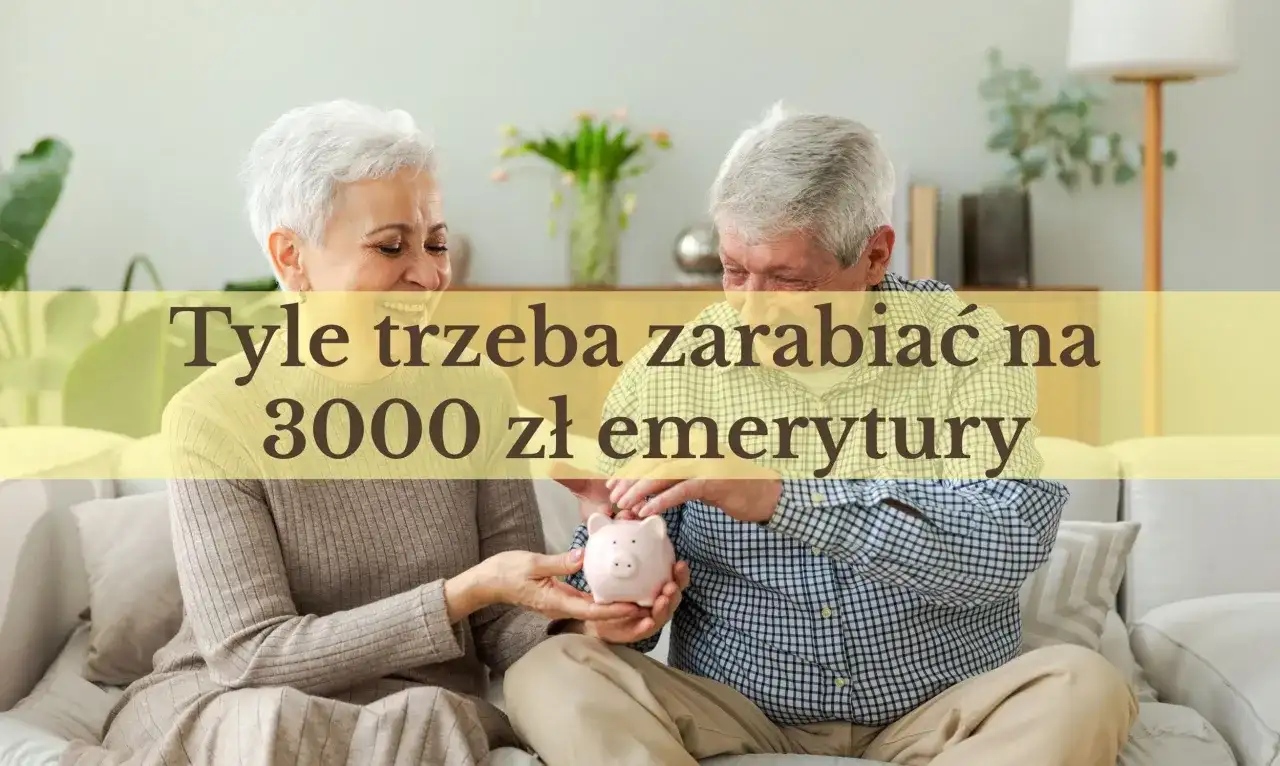 Uśmiechnięta para seniorów wkłada monetę do świnki skarbonki. Tekst: "Tyle trzeba zarabiać na 3000 zł emerytury".
