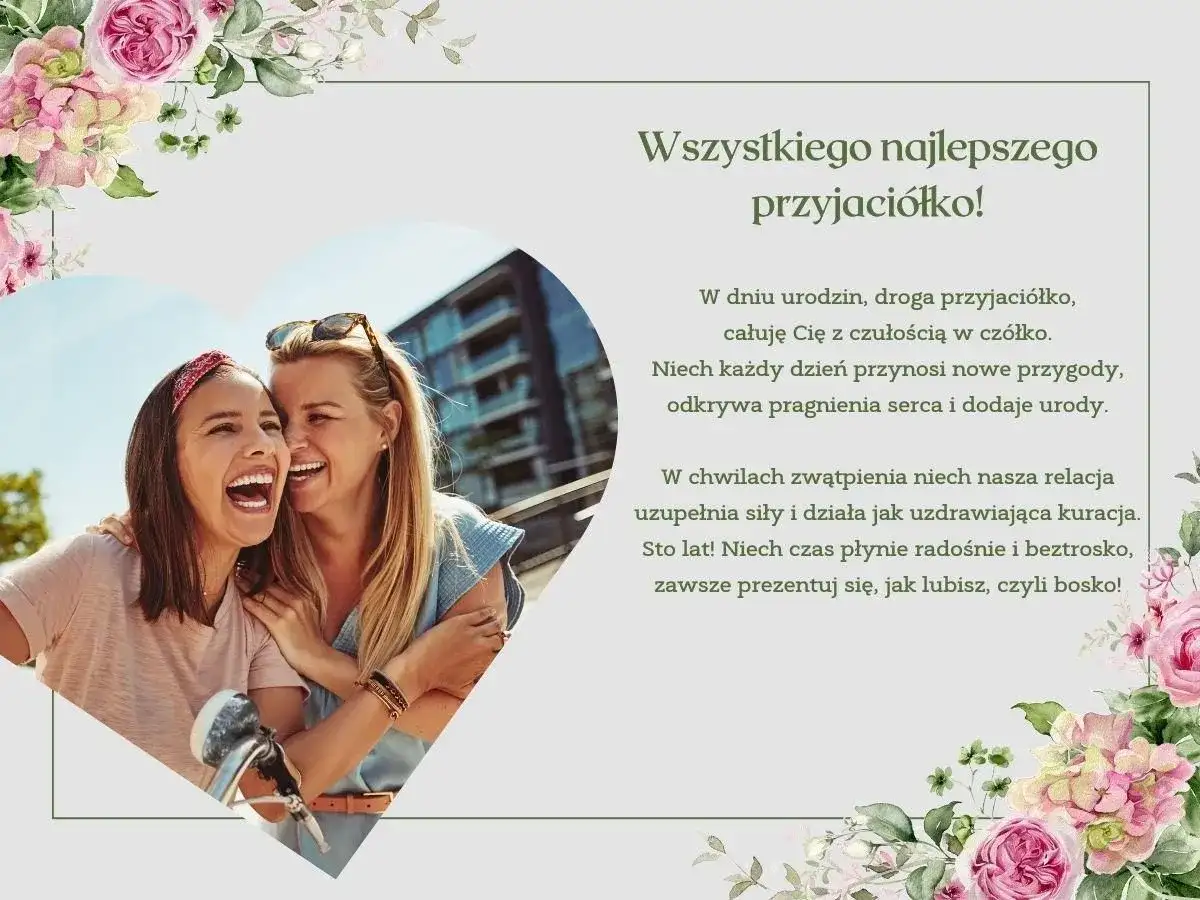 Wiersz dla najlepszej przyjaciółki: dwie uśmiechnięte kobiety, otoczone kwiatami, z życzeniami urodzinowymi.