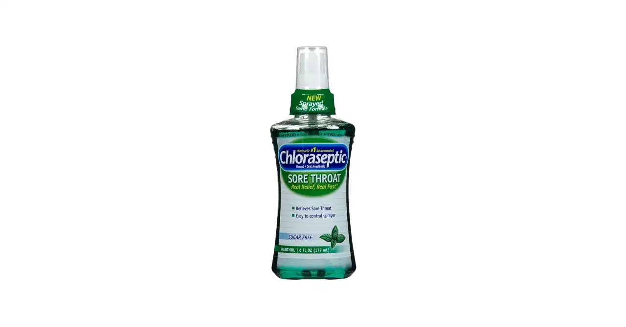 Spray Chloraseptic na ból gardła, z mentolem, bez cukru. Szybka ulga w bólu gardła, idealny na podróż.