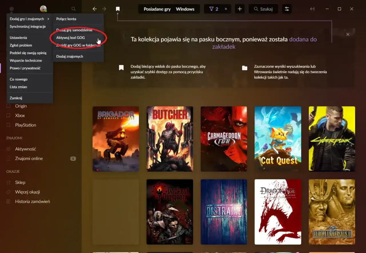 Menu GOG z opcją "Aktywuj kod GOG", obok lista gier: Brigador, Butcher, Carmageddon, Cat Quest, Cyberpunk 2077.