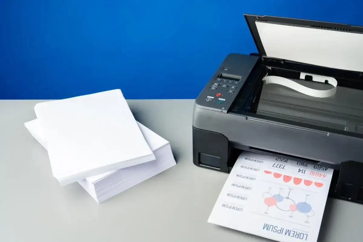 Stos białego papieru obok drukarki atramentowej, która właśnie drukuje dokument. Jaki papier do drukarki atramentowej wybrać, by uzyskać najlepsze rezultaty?