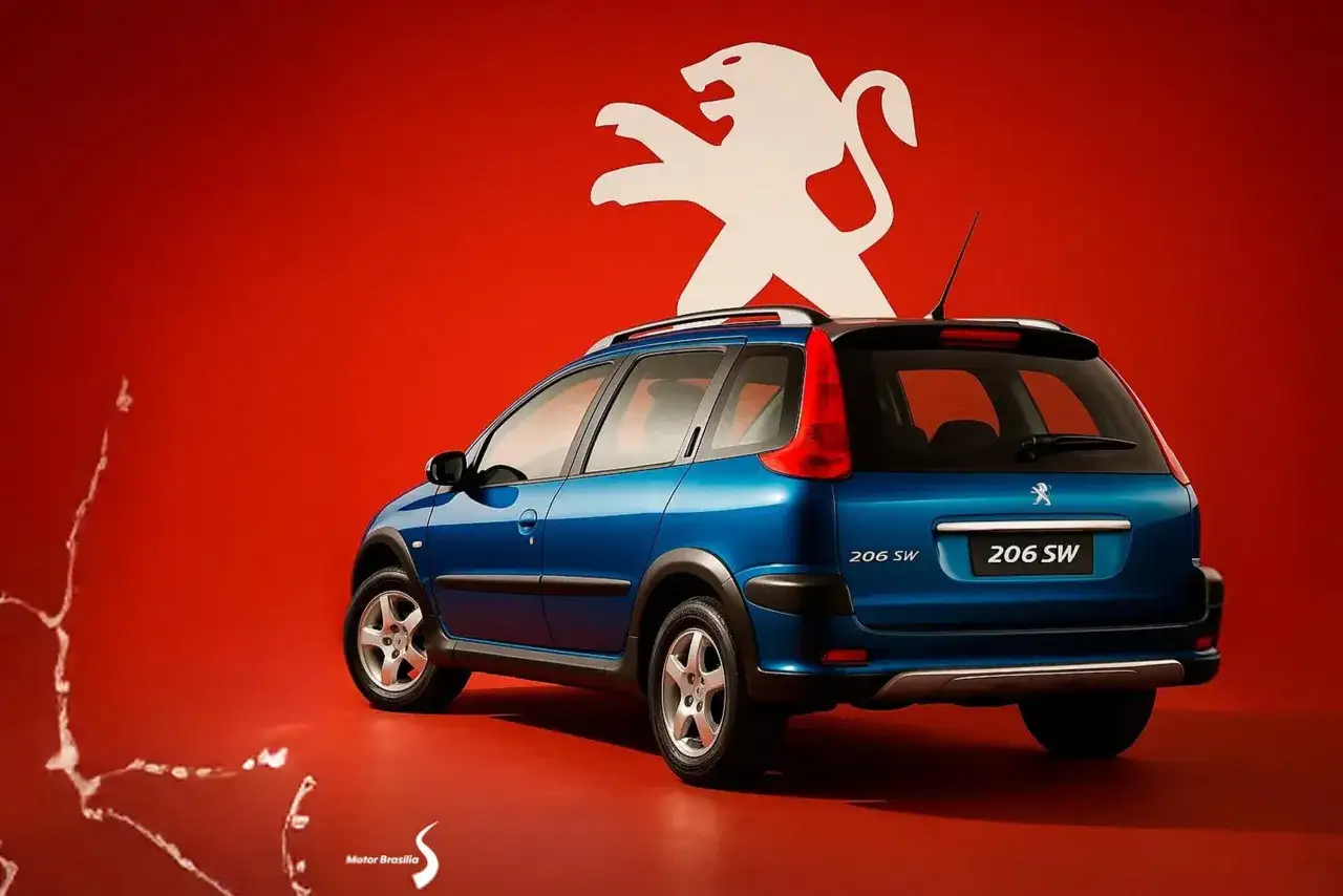 Niebieski Peugeot 206 SW z białym lwem na czerwonym tle.