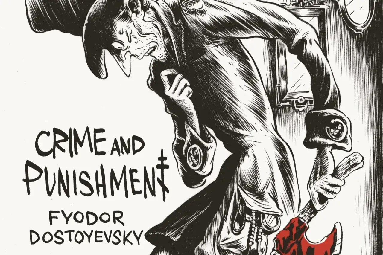 Mroczna ilustracja do "Zbrodni i Kary" Dostojewskiego. Postać z toporem, jakby po zbrodni, z wyrazem cierpienia. Może to być Raskolnikow, który popełnił zbrodnię, a teraz czuje się jak w marmieladowym śnie.
