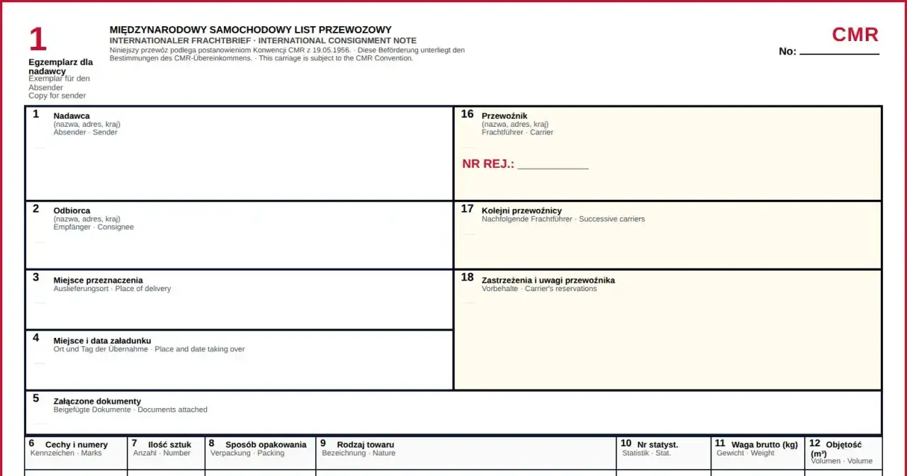 Międzynarodowy list przewozowy CMR z polami do wypełnienia danych nadawcy, odbiorcy, przewoźnika i szczegółów przesyłki.