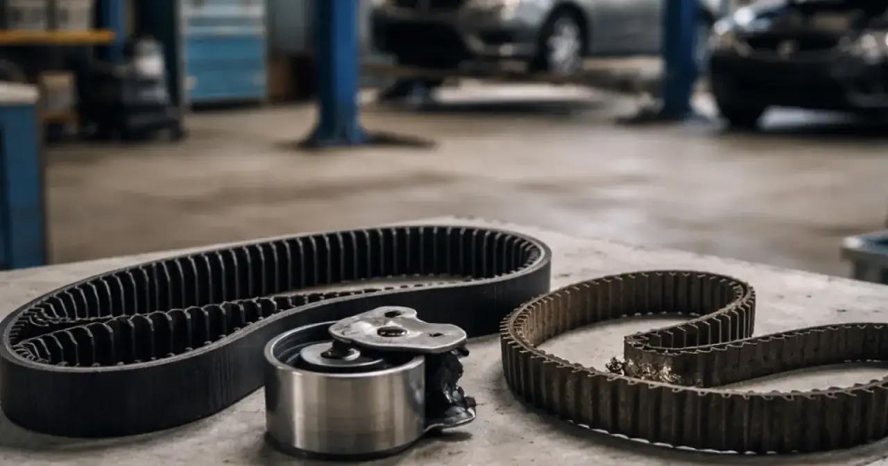 Deux courroies de distribution et un galet tendeur, prêts pour une kit distribution dans un atelier automobile.