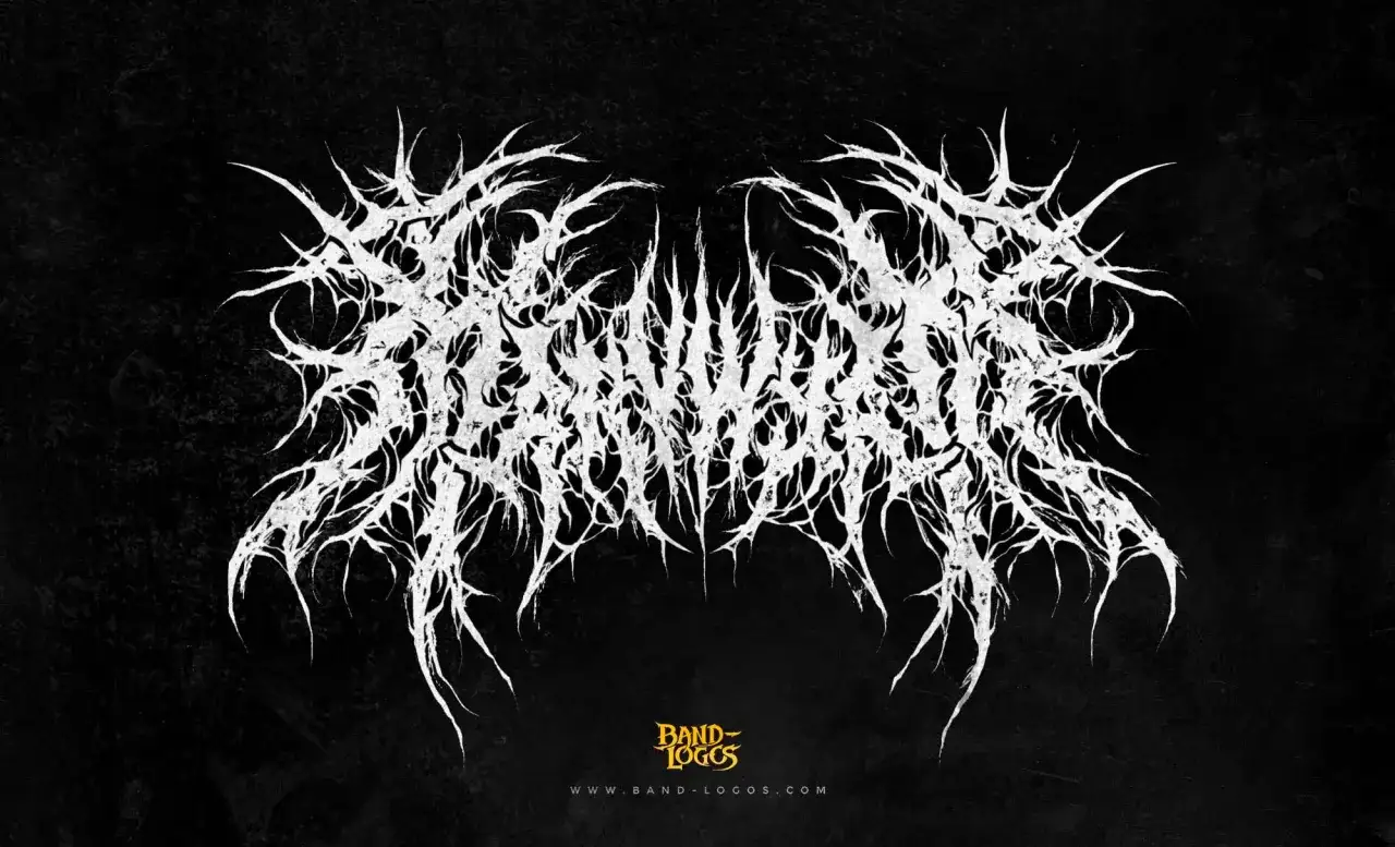 Białe, postrzępione logo zespołu w stylu black metal, przypominające korzenie lub ciernie, na czarnym, teksturowanym tle.