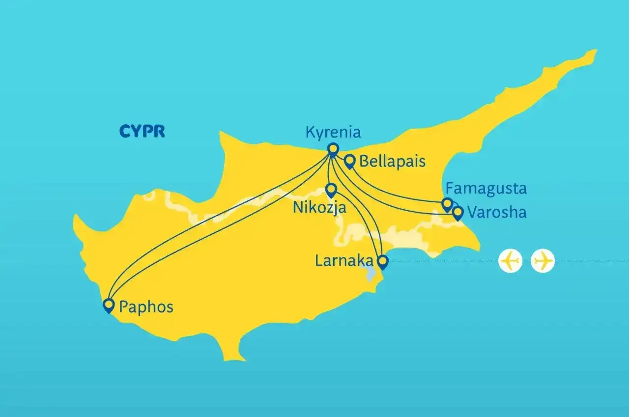Mapa Cypru z zaznaczonymi miastami: Paphos, Nikozja, Larnaka, Kyrenia, Bellapais, Famagusta, Varosha. Pokazuje, ile się leci na Cypr z różnych punktów.
