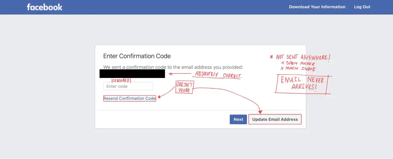 Ekran Facebooka z prośbą o wpisanie kodu potwierdzającego, gdy próbujesz zresetować hasło na Messengerze. E-mail z kodem nie dociera.