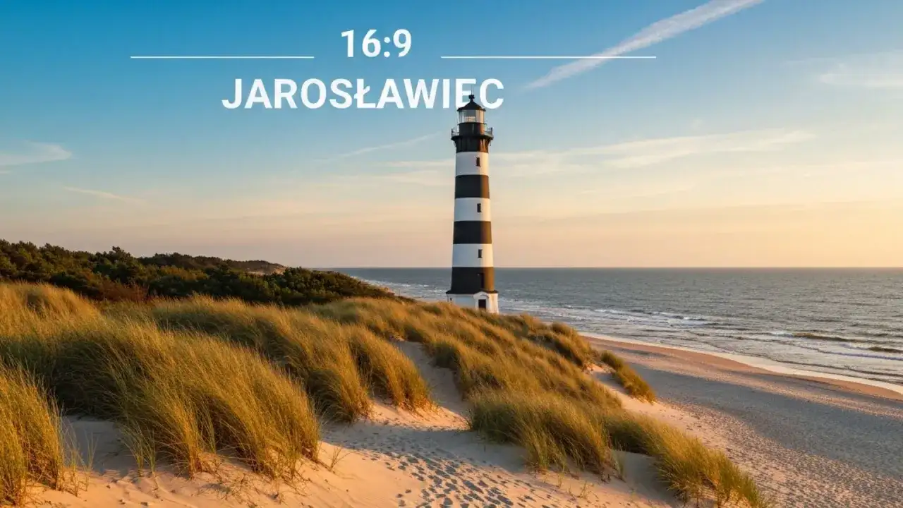 Latarnia morska w Jarosławcu na tle zachodzącego słońca. Piaskowe wydmy porośnięte trawą i morze tworzą malowniczy krajobraz.