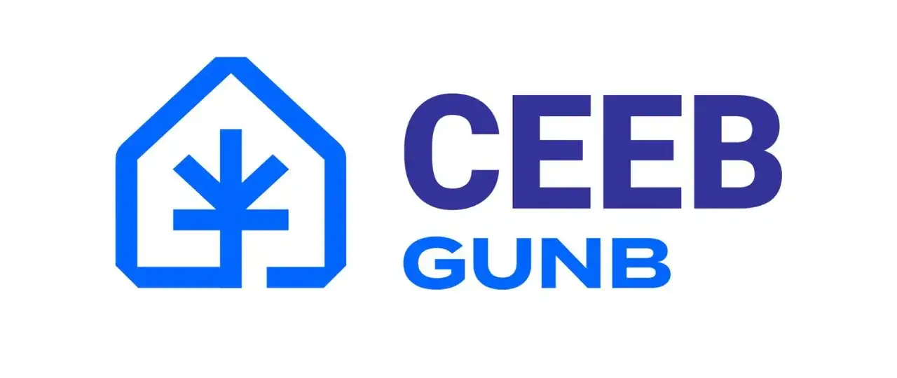 Logo CEEB GUNB, czyli Centralna Ewidencja Emisyjności Budynków. Symbol domu z płomieniem.