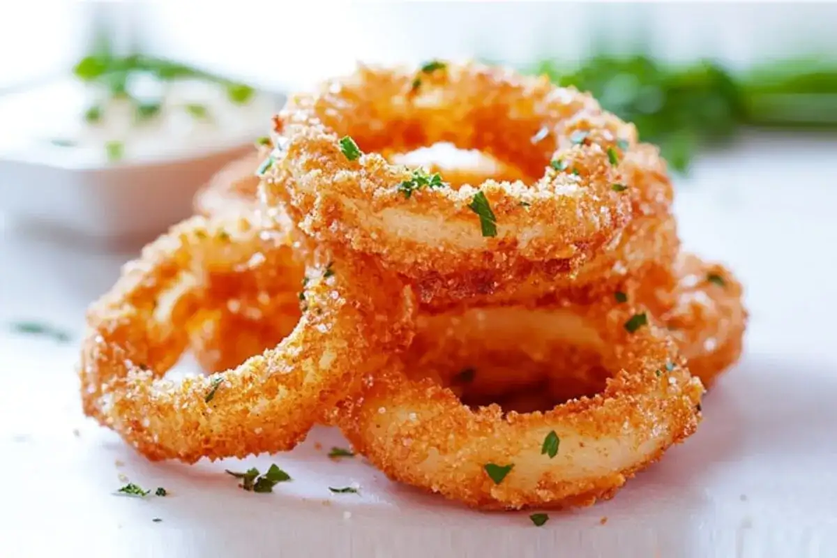 Knusprige Zwiebelringe, die man einfach selber machen kann. Perfekt als Snack oder Beilage.