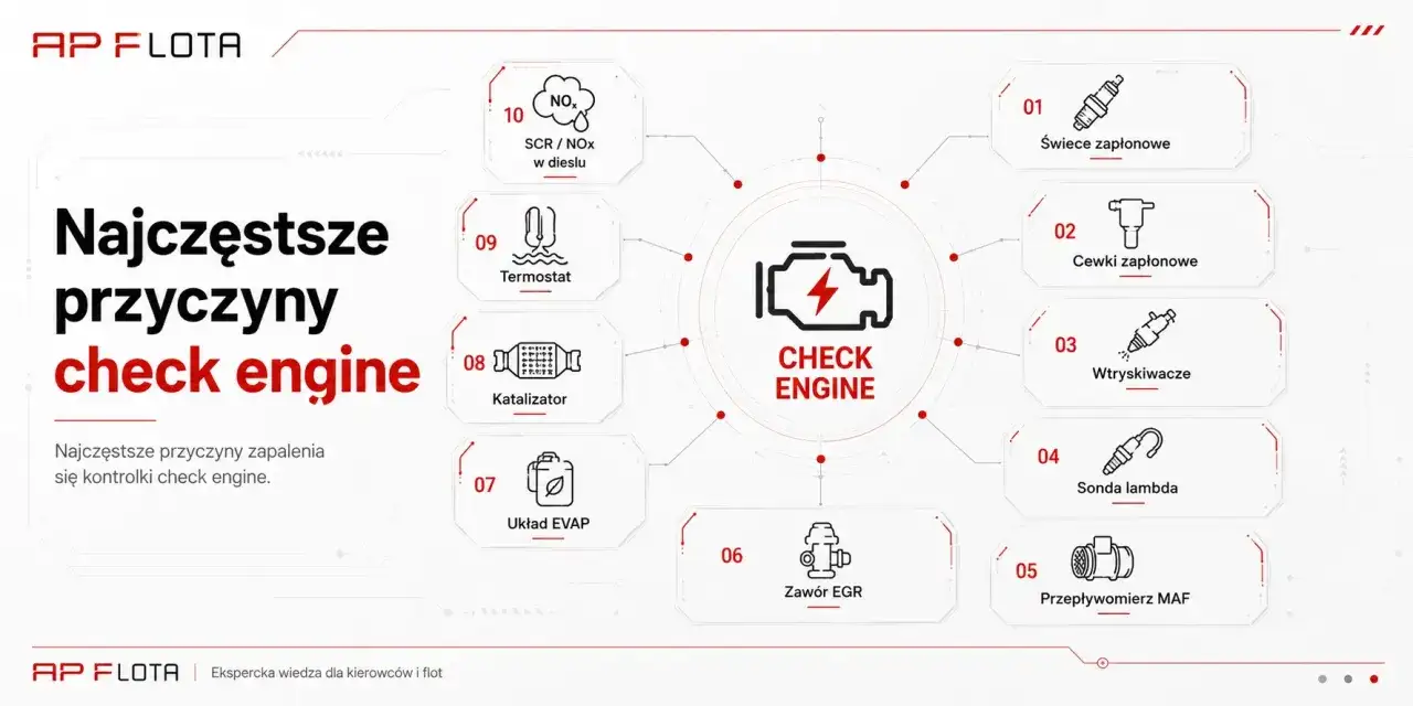 Najczęstsze przyczyny zapalenia się kontrolki check engine: świece, cewki, wtryskiwacze, sonda lambda, przepływomierz MAF, zawór EGR, układ EVAP, katalizator, termostat, SCR/NOx.