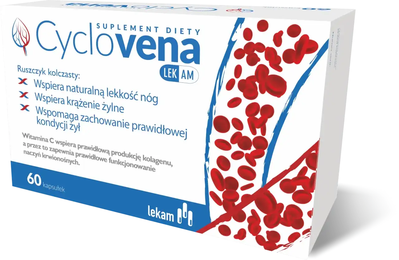 Opakowanie suplementu diety Cyclovena z czerwonymi krwinkami. Wspiera lekkość nóg i krążenie żylne.
