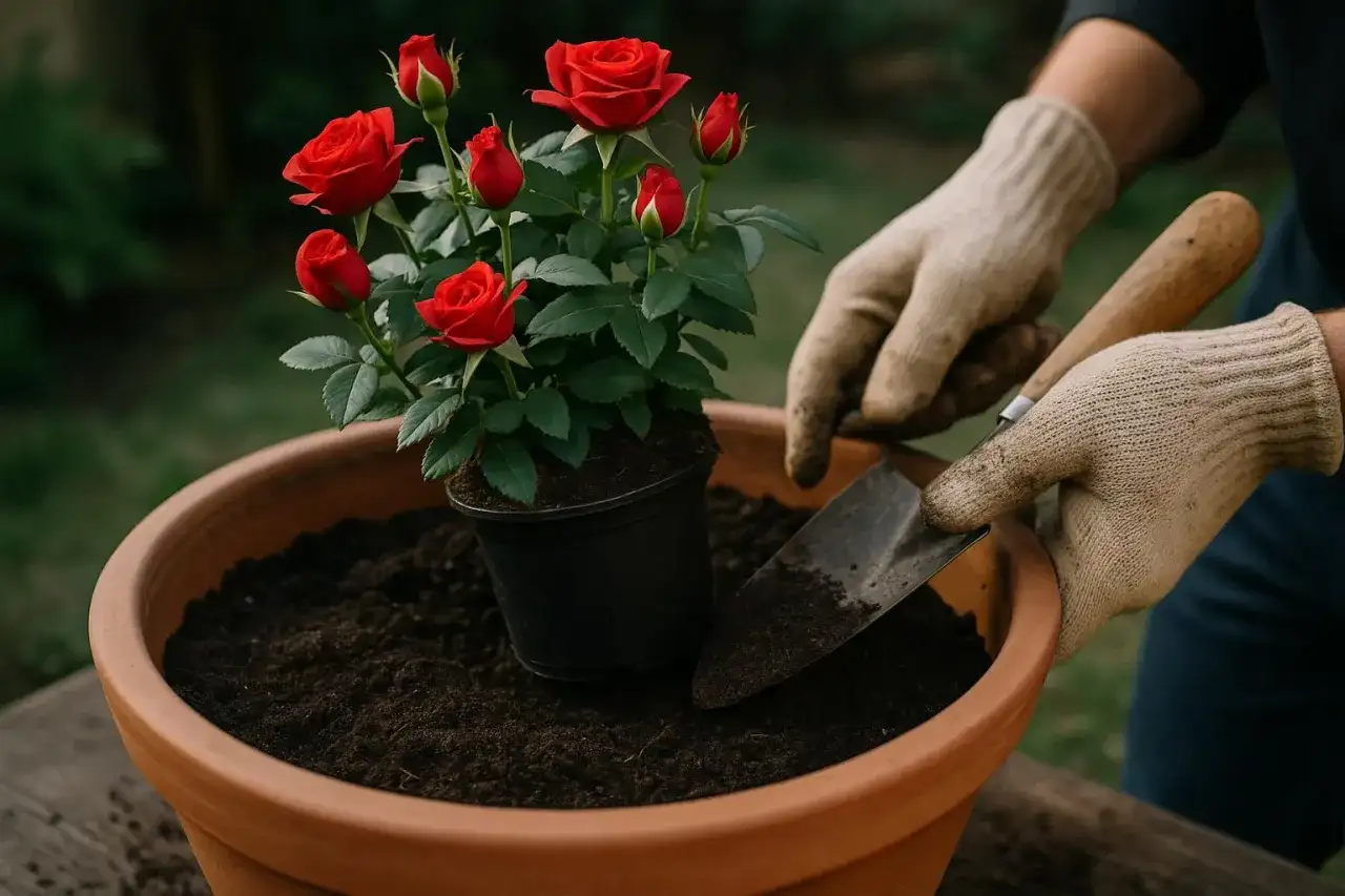 Ręce w rękawiczkach sadzą czerwoną różę z marketu do dużej donicy.