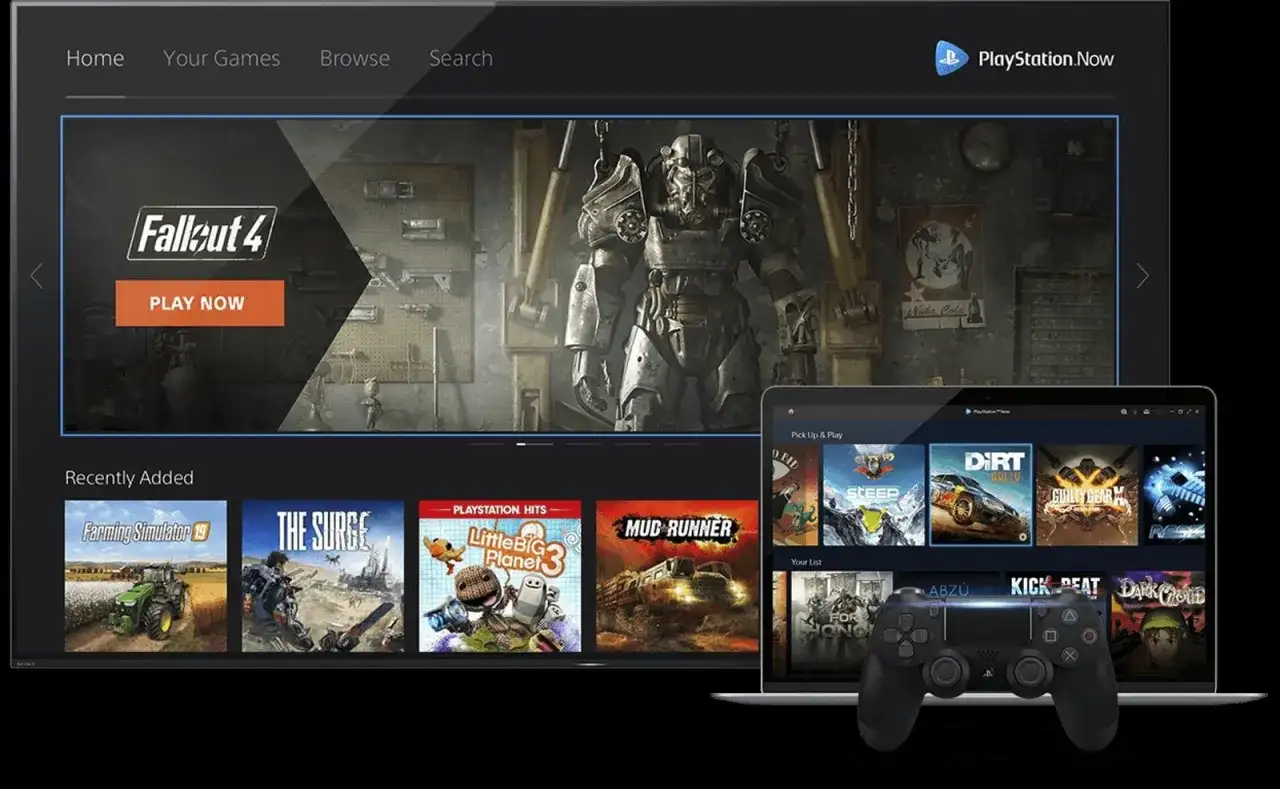 Ekran telewizora z grą Fallout 4 i laptop z grami PlayStation Now, obok kontroler.