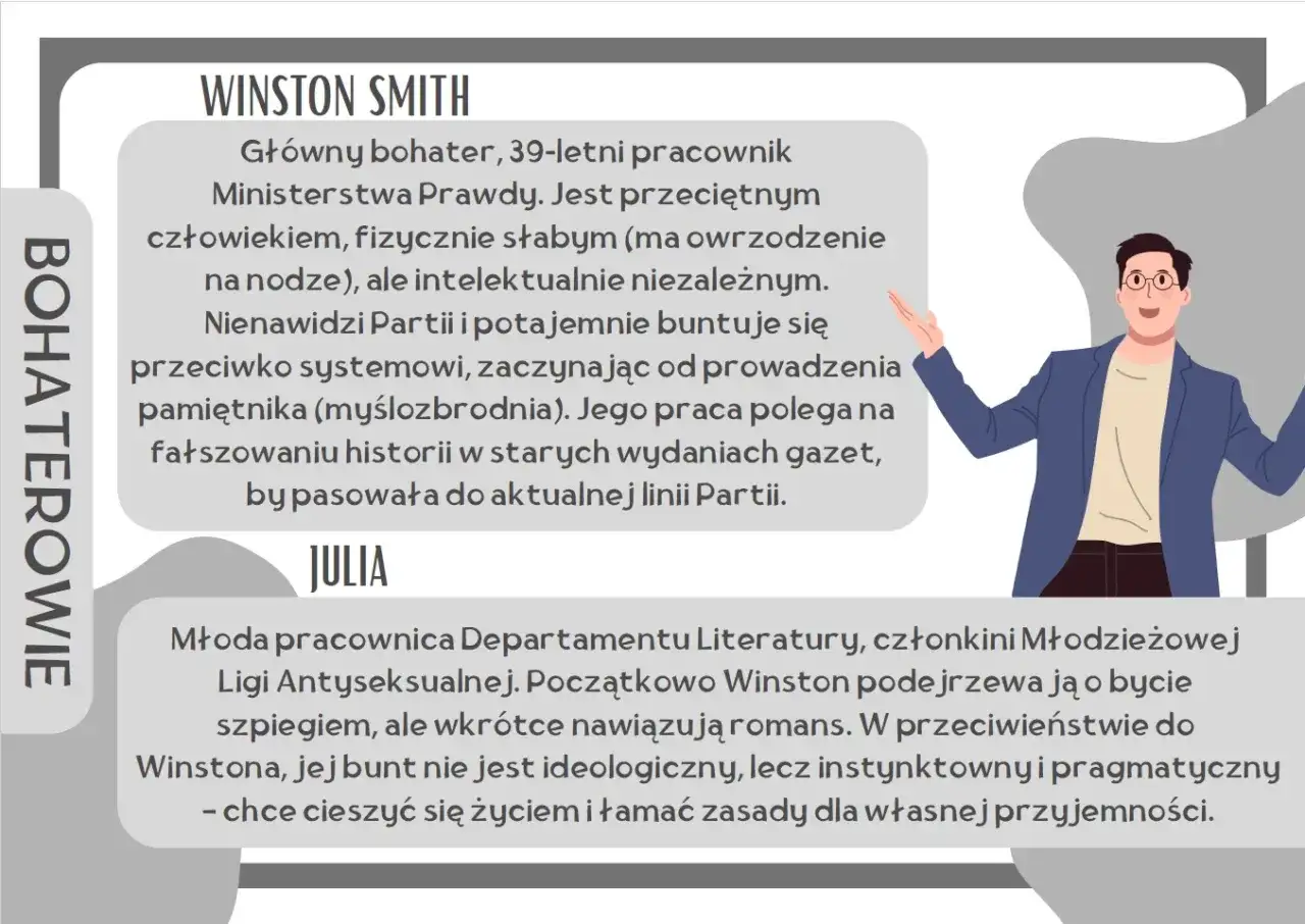 Winston Smith, główny bohater, pracownik Ministerstwa Prawdy. Nienawidzi Partii, buntuje się, prowadząc pamiętnik. Jego charakterystyka jest kluczowa.