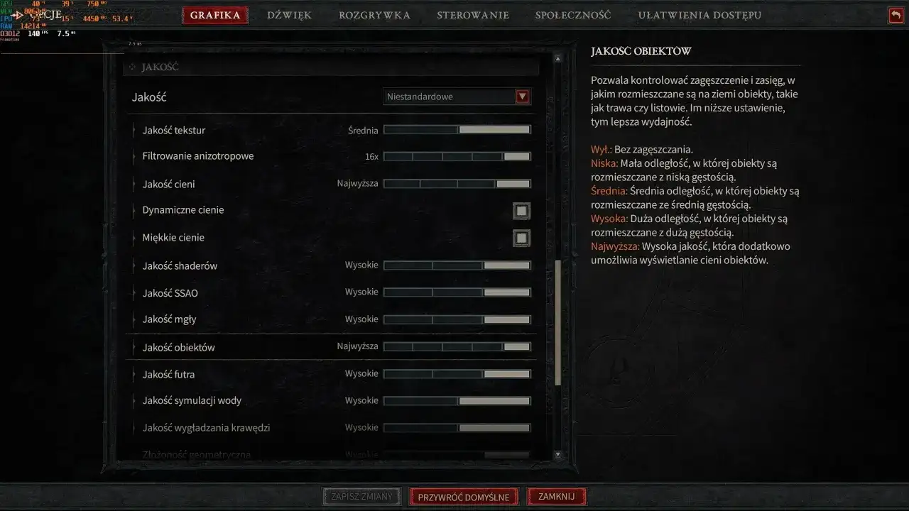 Ustawienia grafiki Diablo 4: Jakość obiektów na "Najwyższa" dla lepszych detali, ale może wpłynąć na wymagania sprzętowe.