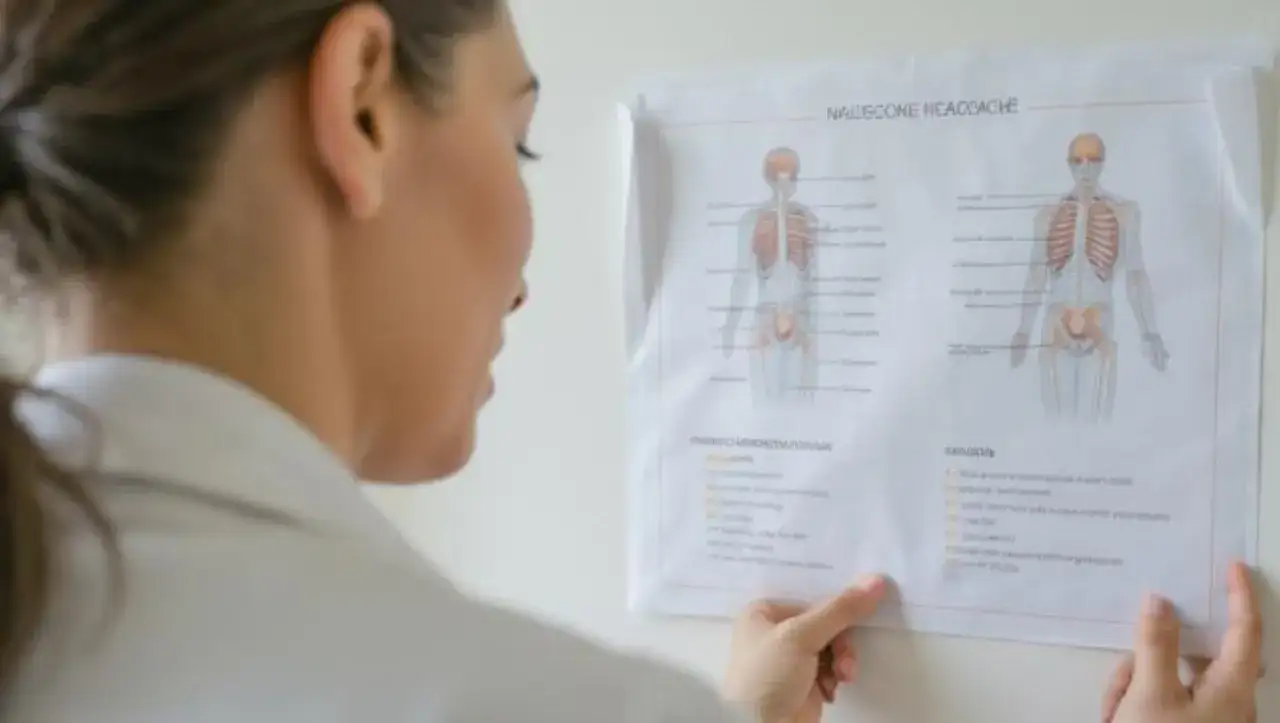 Lekarka analizuje schemat bólu głowy. Czy do neurologa potrzebne jest skierowanie? To pytanie nurtuje wielu pacjentów.