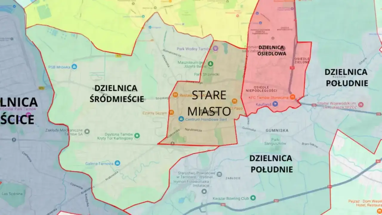 Mapa administracyjna Tarnowa z zaznaczonymi dzielnicami: Śródmieście, Stare Miasto, Osiedlowa, Południe. Widać też fragmenty Mielca.