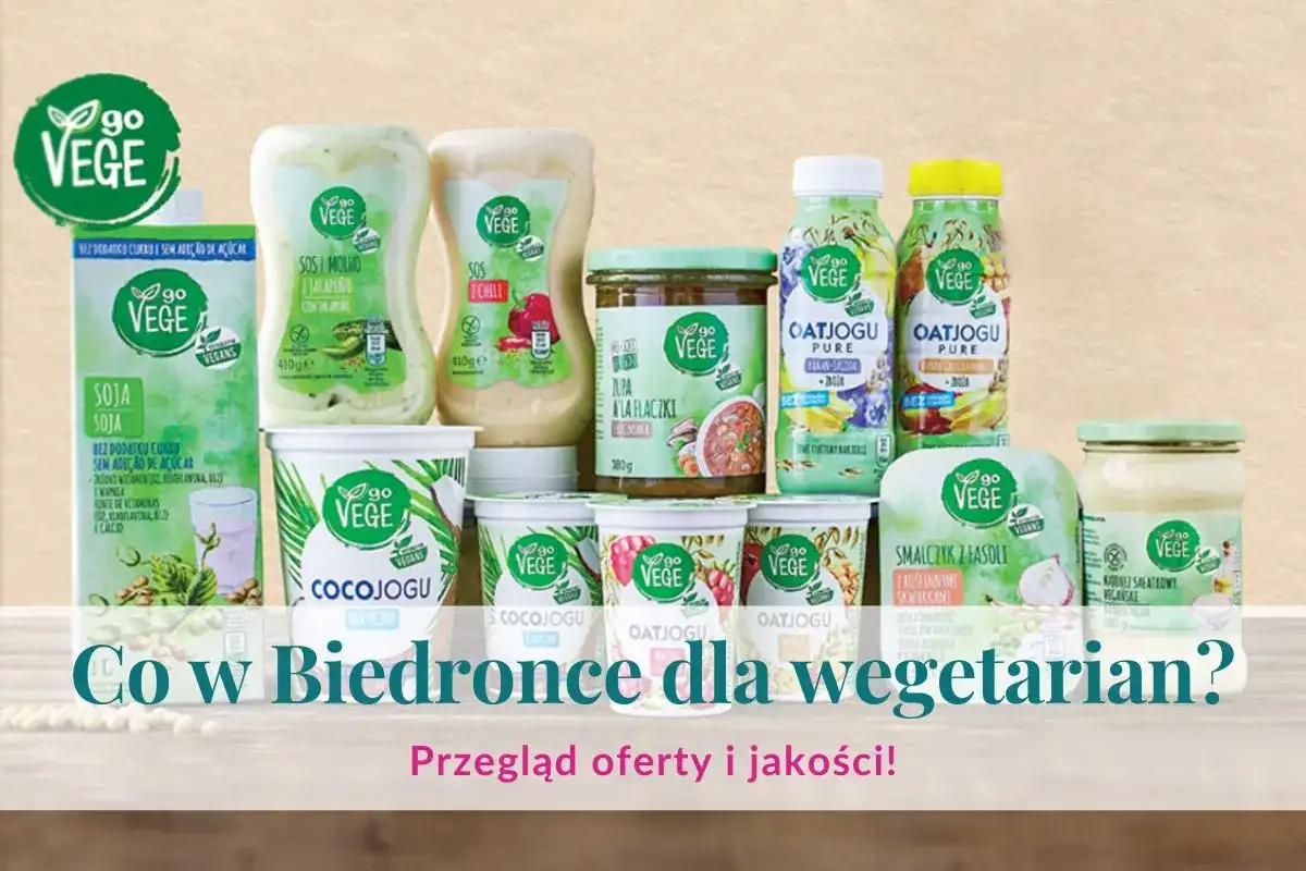 Różnorodne produkty roślinne marki Go Vege: sosy, jogurty, napoje, smalczyk i majonez.