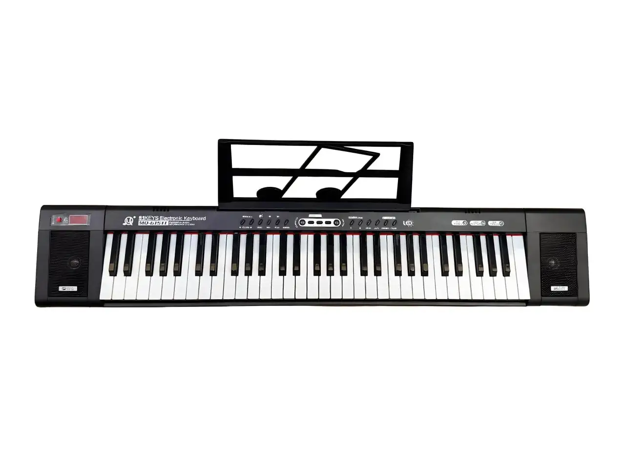 Czarny keyboard z nutami na stojaku, idealny do nauki gry na keyboardzie dla początkujących.