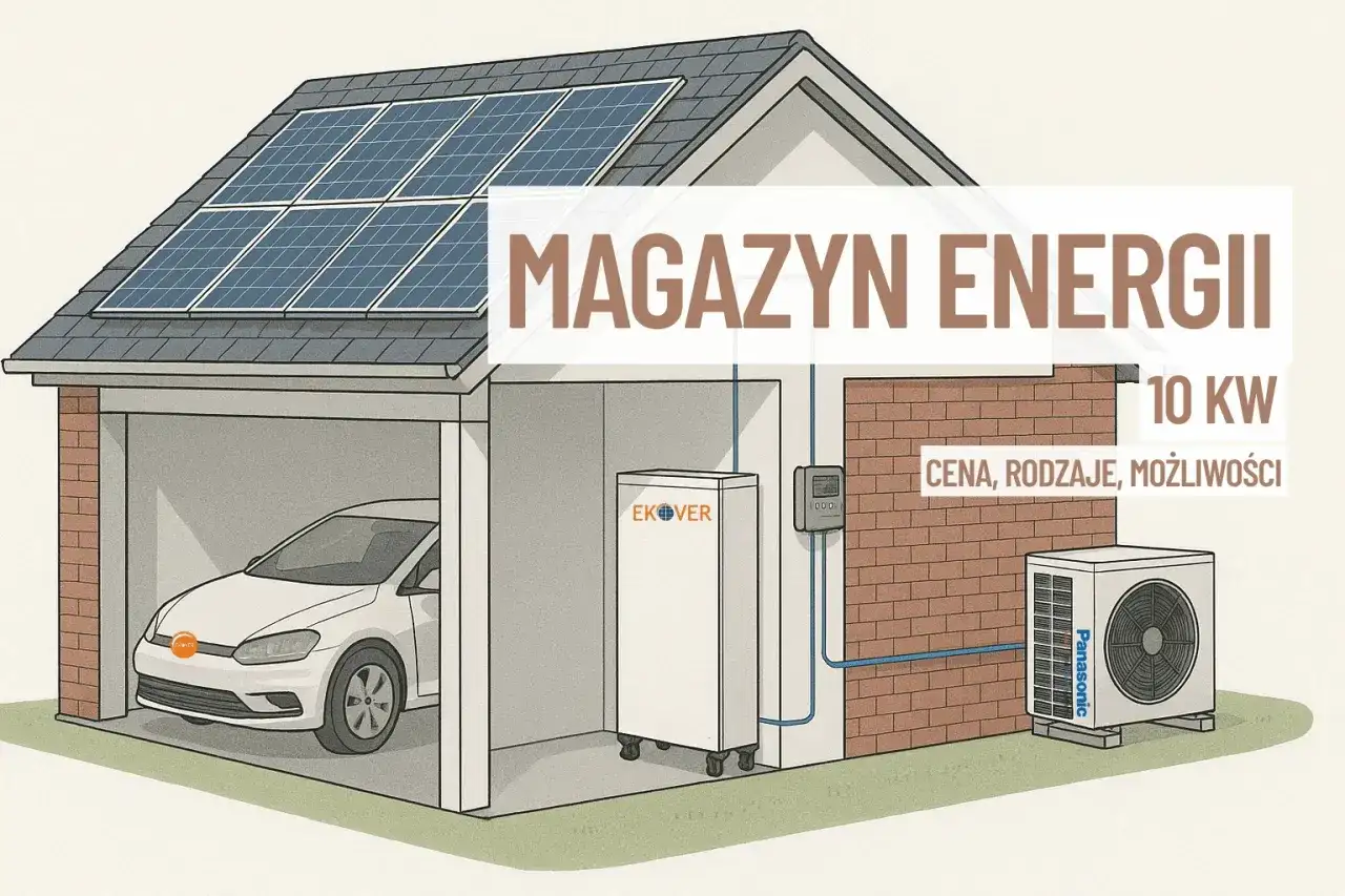 Dom z panelami słonecznymi na dachu, samochód w garażu i magazyn energii elektrycznej.