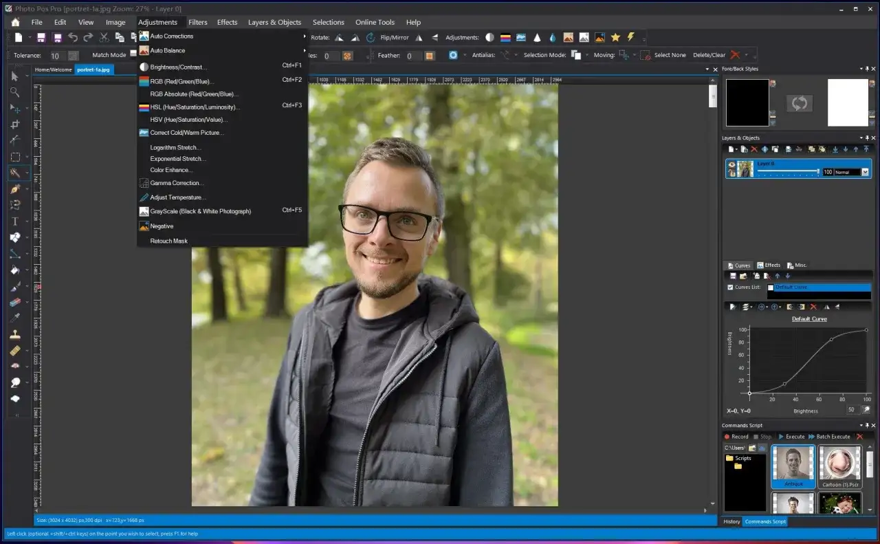 Darmowy program do obróbki zdjęć po polsku. Użyj menu "Adjustments" do poprawy kolorów i kontrastu portretu.