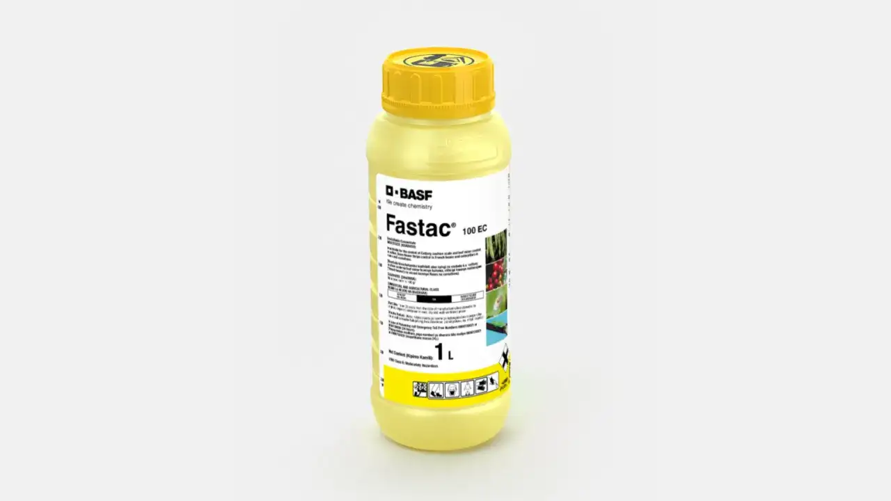Żółta butelka środka ochrony roślin Fastac 100 EC, 1 litr. Skuteczny w walce ze szkodnikami.