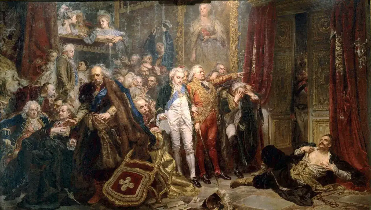 Scena dramatyczna przedstawiająca upadek Rzeczypospolitej. Postacie w historycznych strojach, chaos i rozpacz.