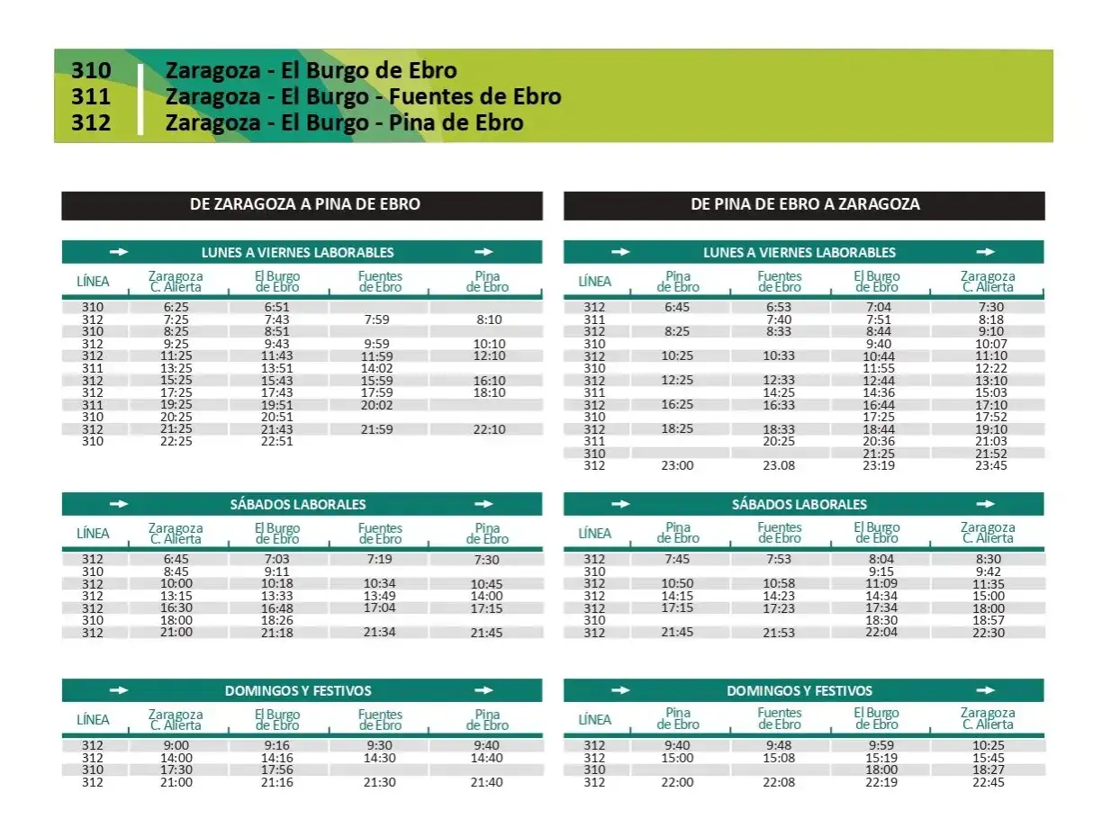 Horarios de autobuses nocturnos Zaragoza - El Burgo de Ebro y Pina de Ebro. Consulta las rutas y frecuencias para tus viajes.