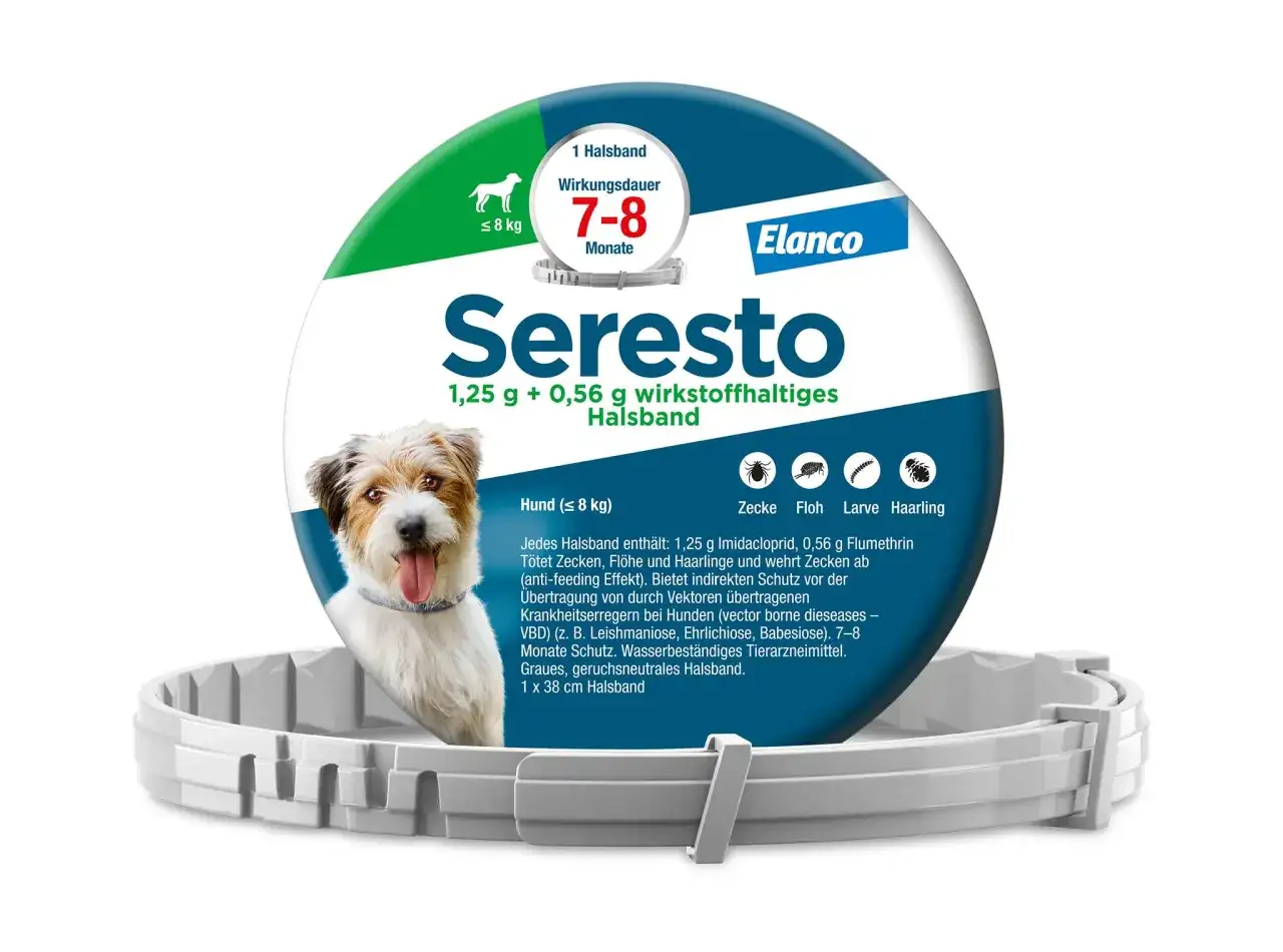 Seresto Halsband für Hunde bis 8 kg mit dem Wirkstoff Imidacloprid und Flumethrin. Bietet 7-8 Monate Schutz vor Zecken, Flöhen und Haarlingen.